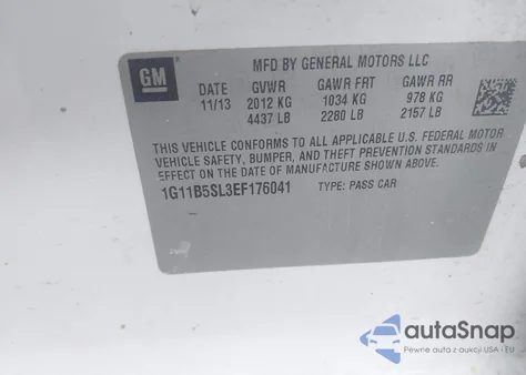 2014 Chevrolet Malibu 1Ls z USA, uszkodzony, nr VIN 1G11B5SL3EF176041